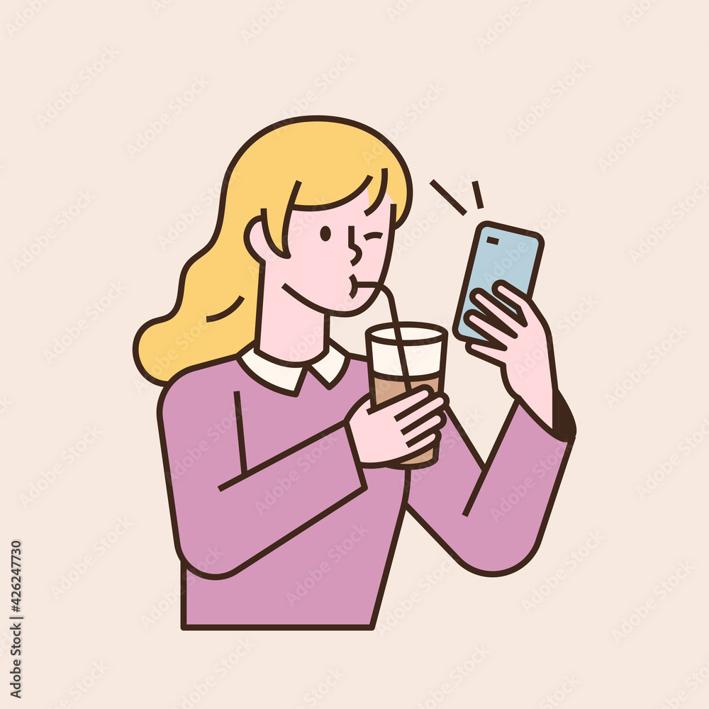 A girl is drinking a drink with a straw and looking at the phone. flat design style minimal vector illustration. A girl is drinking a drink with a straw and looking at the phone. flat design style minimal vector illustration.