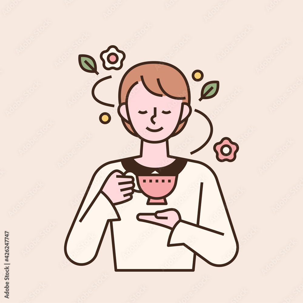 An elegant woman is drinking tea with a pretty mug in her hand. flat design style minimal vector illustration. An elegant woman is drinking tea with a pretty mug in her hand. flat design style minimal vector illustration.