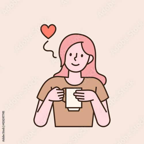 A pretty woman is drinking coffee with a mug in her hand. flat design style minimal vector illustration.