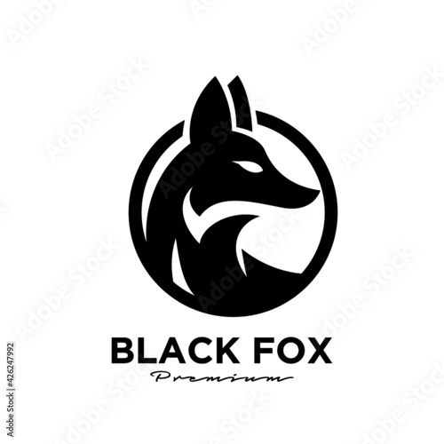 Logo design of abstract black fox silhouette on circle animal mascot logo template vector illustration