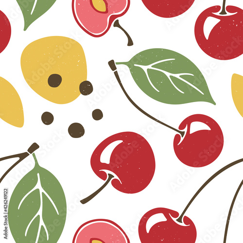 Cute cherry seamless pattern. Ripe berries, cherry lobules, twigs, seeds and leaves on white background. Vector shabby hand drawn illustration