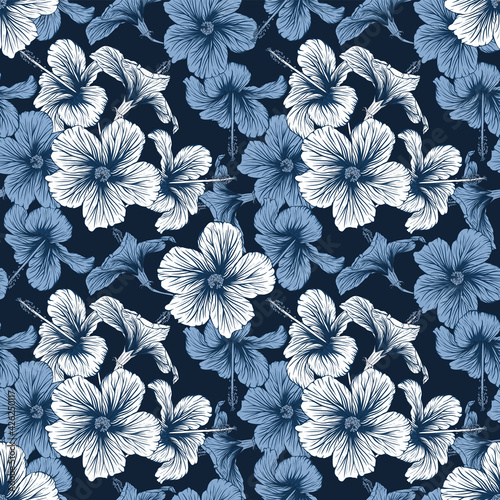 Seamless pattern floral with Hibiscus flowers abstract background.Vector illustration  hand drawning line art.For fabric pint design.