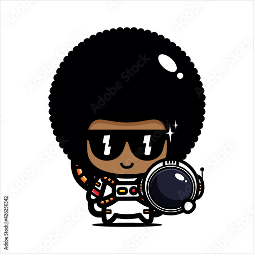 design a cute and cool afro boy cartoon character wearing sunglasses and an astronaut costume
