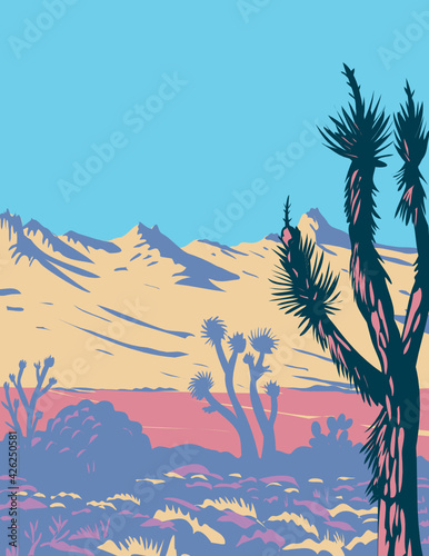 WPA Poster Art of the Castle Mountains range and Joshua tree in the Mojave Desert within Castle Mountains National Monument San Bernardino County California done in works project administration style. photo