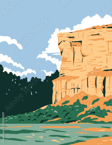 WPA Poster Art of Pompeys Pillar National Monument a sandstone pillar and rock formation located in south central Montana, United States done in works project administration style.