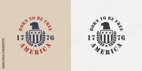 Set of color illustrations of shield with stars, wreath, eagle head, text on a background with a grunge texture. Vector illustration in vintage style for emblem, poster, print, label. USA symbol.