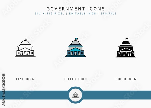 Government icons set vector illustration with solid icon line style. Politics public election concept. Editable stroke icon on isolated background for web design, user interface, and mobile app