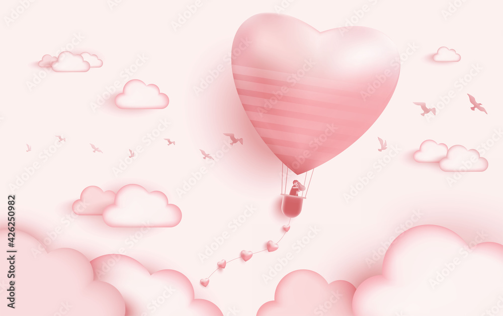 Love for Valentine s day. and young joyful couple in pink balloons heart on pink background. Vector