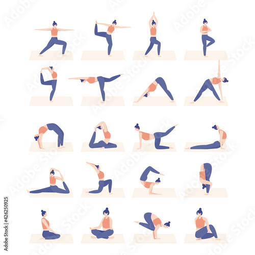 Set of slim sportive young woman doing yoga and fitness exercises. Isolated on white background Vector.