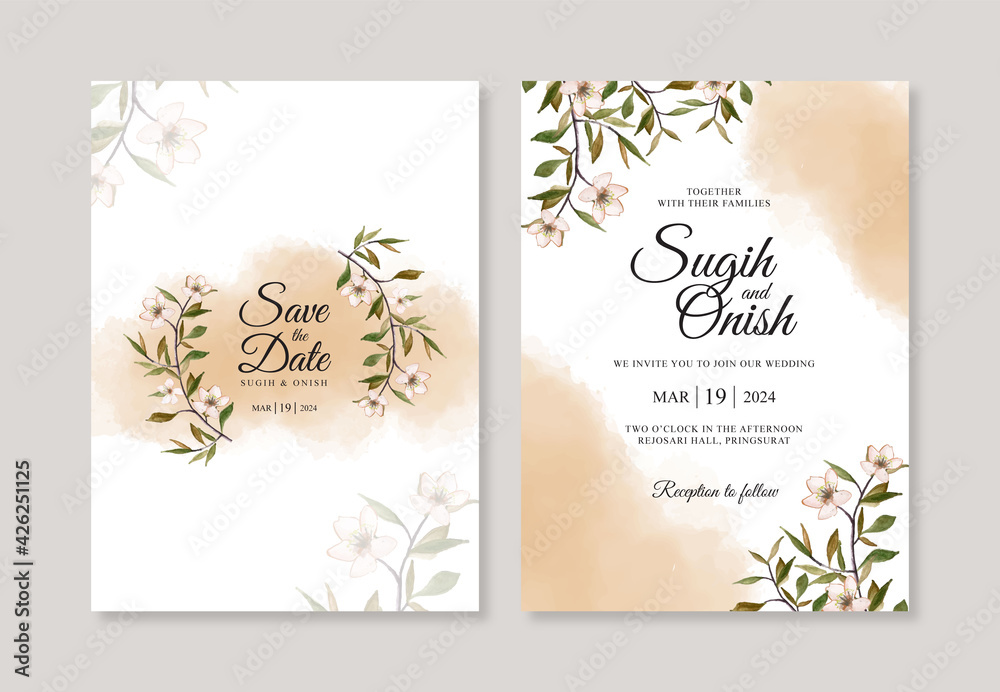 Wedding invitation template with watercolor floral and splash