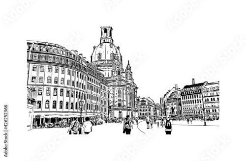 Building view with landmark of Dresden is the 
city in Germany. Hand drawn sketch illustration in vector.