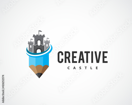 creative pen drawing art castle logo design illustration