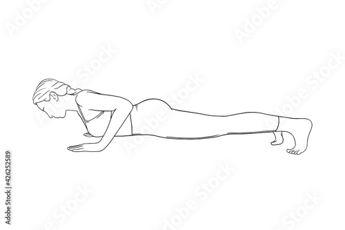 Woman in vinyasa or low plank pose. Yogi woman training her body muscles. Sketch vector illustration in white background