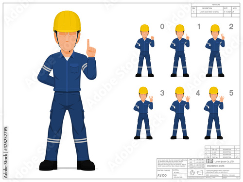 Set of industrial worker raise hand 0-5 on white background