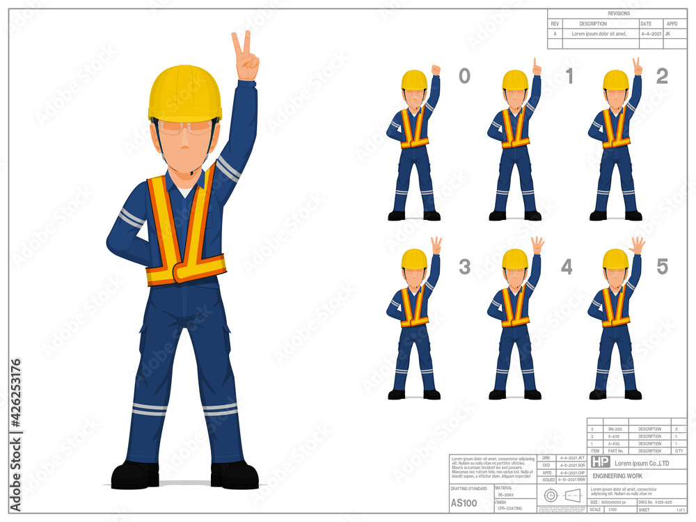 Set of industrial worker raise hand 0-5 on white background - obrazy, fototapety, plakaty 