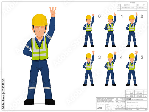 Set of industrial worker raise hand 0-5 on white background