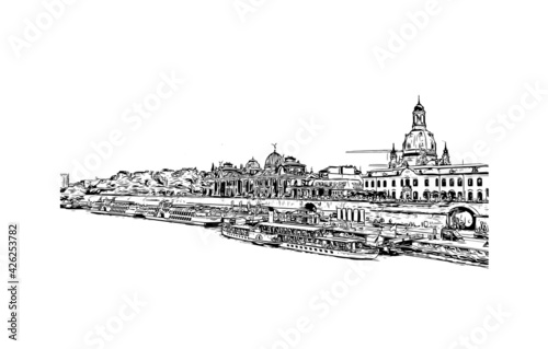 Building view with landmark of Dresden is the 
city in Germany. Hand drawn sketch illustration in vector.