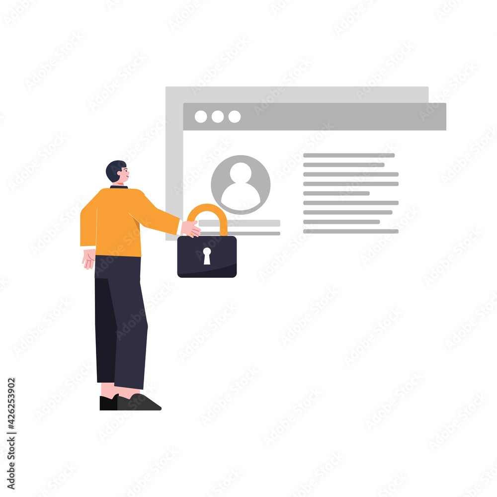 illustration of a man securing data on the internet. data safe. illustration of a man securing data on the internet. data safe.