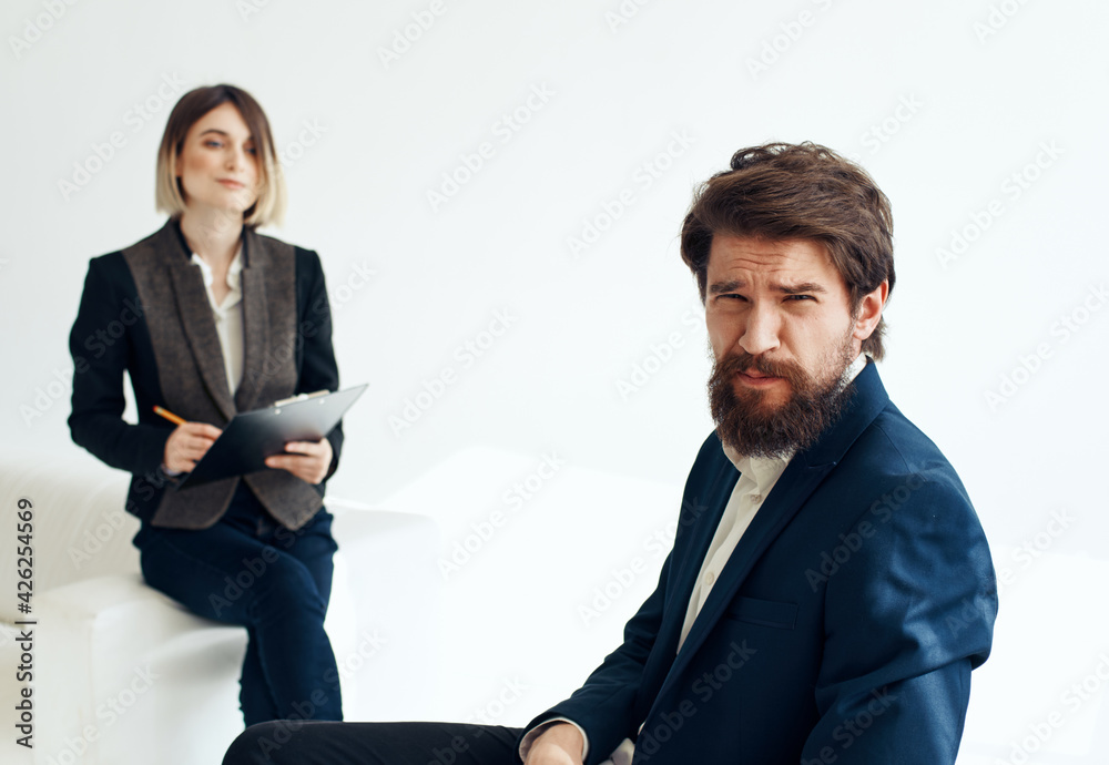Emotional man and Business woman indoors hiring vacancies resume Emotional man and Business woman indoors hiring vacancies resume