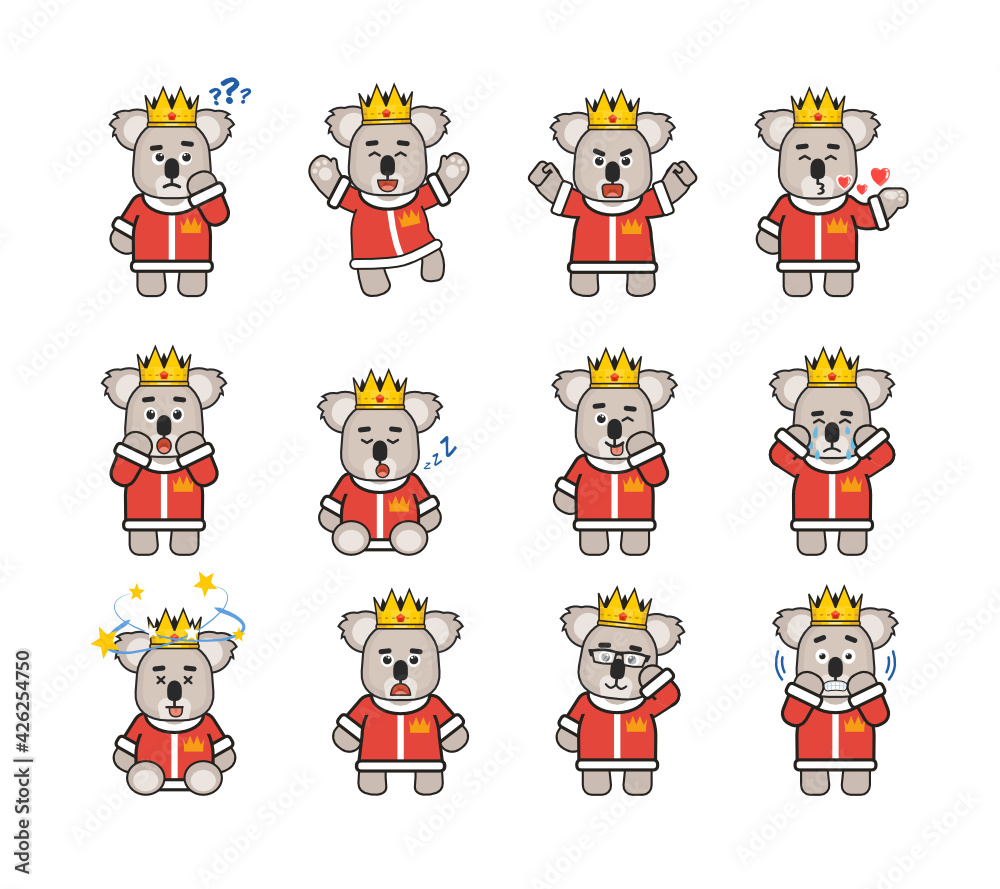 Koala king characters set showing various emotions, facial expressions. Modern vector illustration Koala king characters set showing various emotions, facial expressions. Modern vector illustration