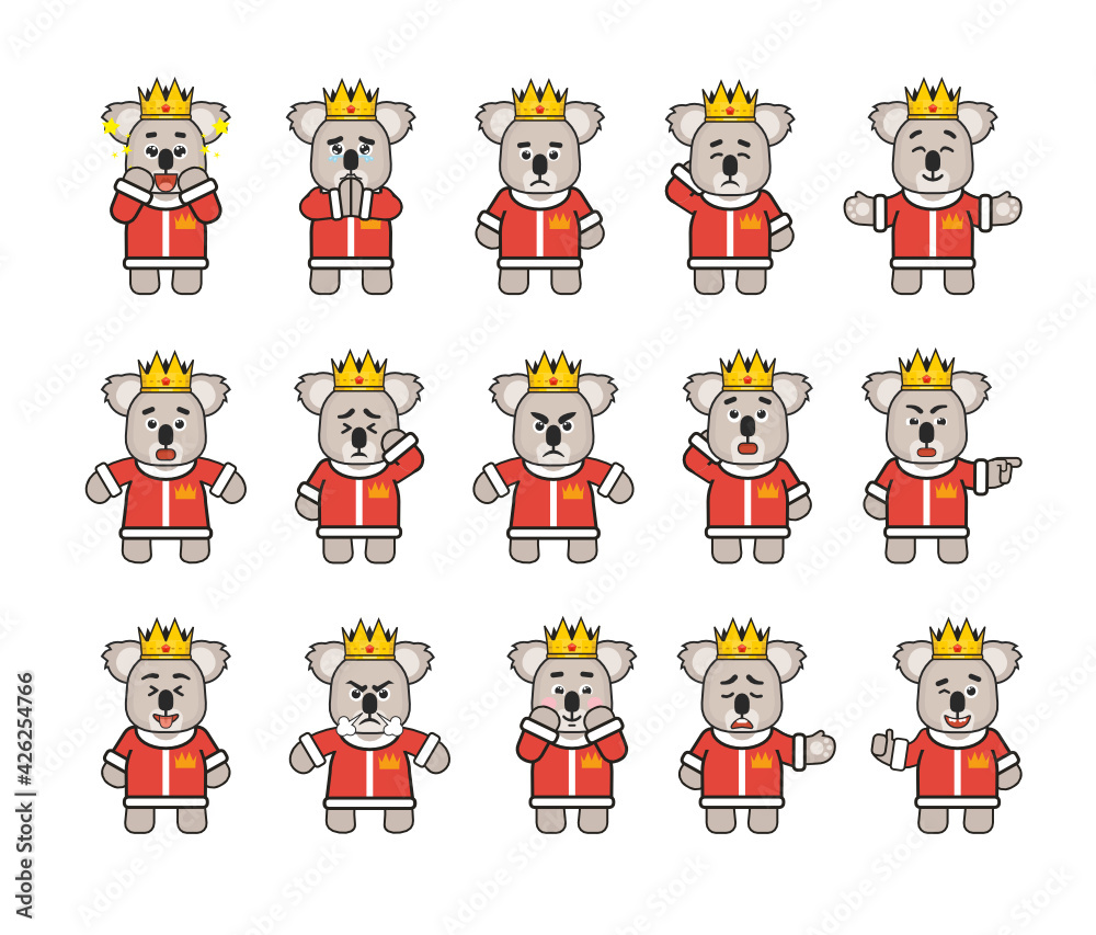 Koala king characters set showing various emotions, facial expressions. Modern vector illustration Koala king characters set showing various emotions, facial expressions. Modern vector illustration