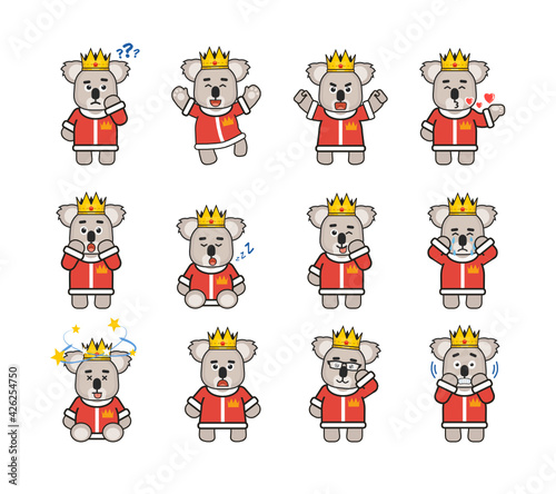 Koala king characters set showing various emotions, facial expressions. Modern vector illustration