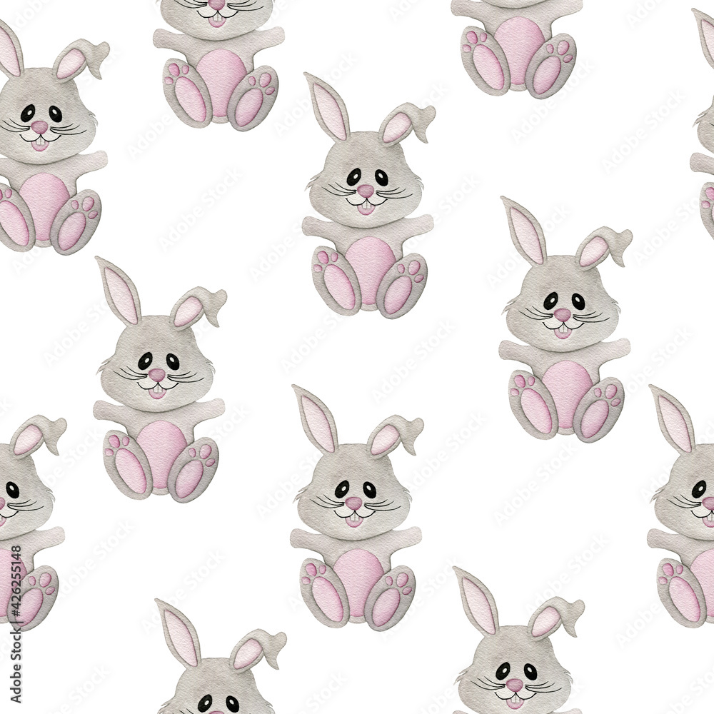 Seamless pattern with watercolor cute cartoon gray bunnies, hand painted watercolor Easter pattern for wallpaper, wrapping paper, scrapbooking, fabrics, textiles