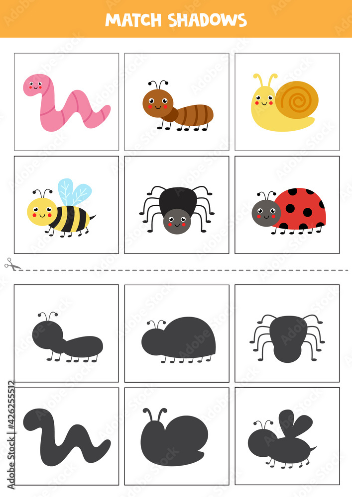 Find shadows of cute insects. Cards for kids. Find shadows of cute insects. Cards for kids.