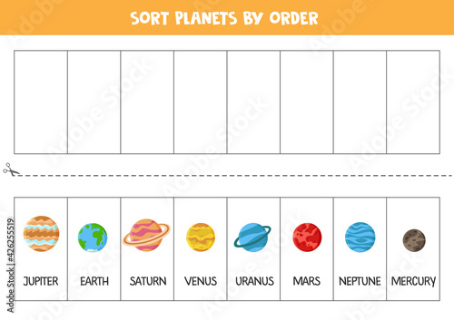 Sort Solar system planets by order. Space worksheet for children.