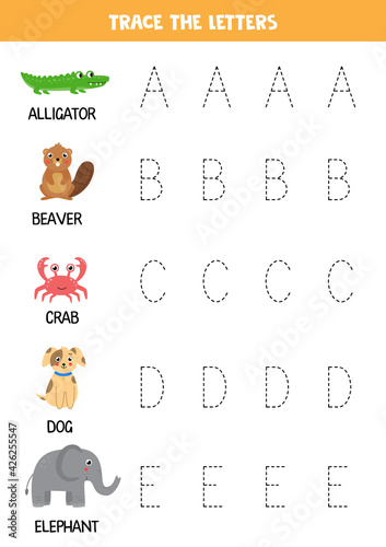 Tracing letters of English alphabet with animals. Writing practice.