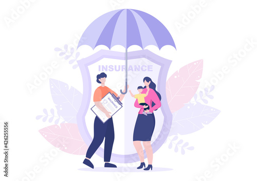 The Concept Umbrella Shield of Family Insurance About Care, Safety, Security and Protection. Vector Illustration