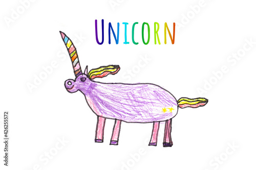 Abstract drawing for t-shirts. Colourful magic Unicorn for girl kids design. Fashion illustration drawing in kids style for clothes. Girlish print