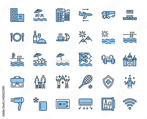 Travel agency flat line icon set blue color. Vector illustration tourism service symbols included, flight, transfer, food, insurance. Editable strokes