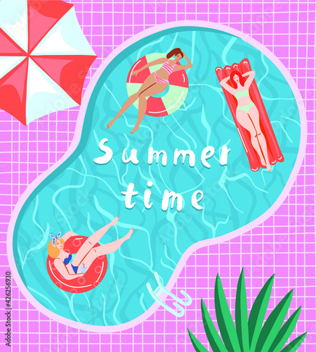 Girls swim, relax, have fun in the pool.
Invitation card summer pool party concept. Summertime vector illustration. Flat design. 