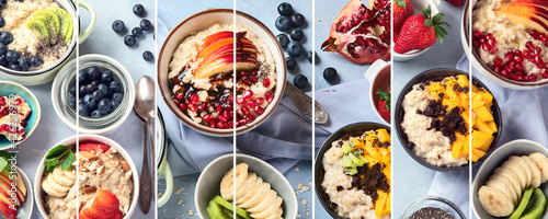 Collage of oatmeal bowls with delicious fruits and fresh berries on light background.