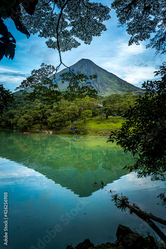 Incredible volcano reflected in the lake photo