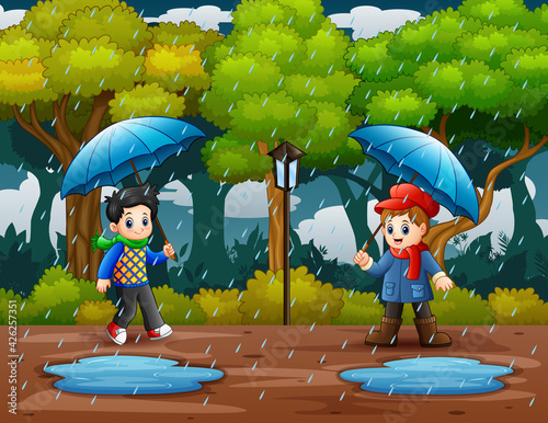 Rainy season with two boys carrying umbrella in the park illustration
