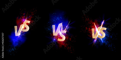 Versus VS gold signs with glow and sparks separated on blue and red sides. Sport confrontation symbols on black background. Martial arts combat, fight, competition challenge, Realistic 3d vector set