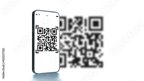 Qr code payment. Digital mobile smart phone with qr code scanner on smartphone screen for payment pay, scan barcode technology. Online shopping, cashless society technology concept.