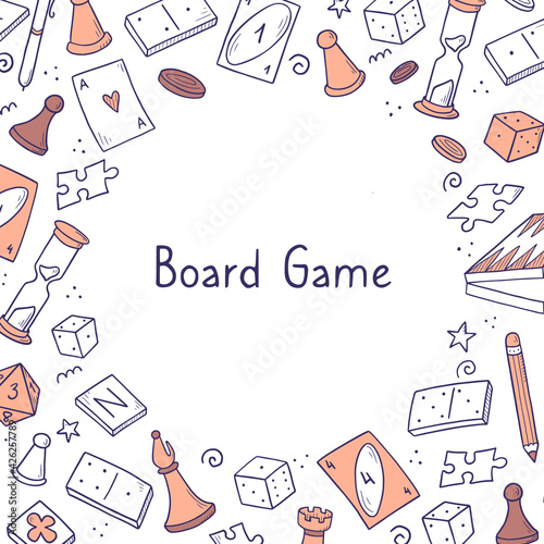 Hand drawn banner template with of board game element. Doodle sketch style. Vector illustration for board game shop, store background, game competition banner, frame