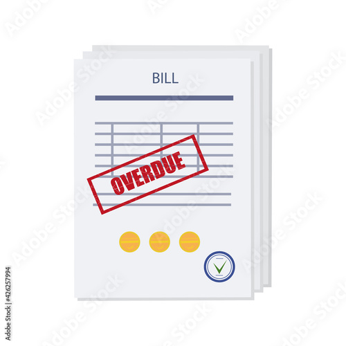 Overdue, unpaid or past due bill. An expense document, with a delay in payment . Debt or past purchase notice.Financial data, stamp, red mark. Vector