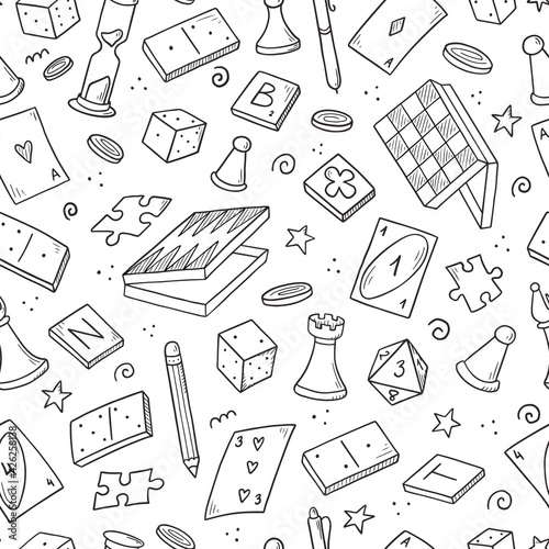 Hand drawn seamless pattern of board game element, cards, chess, hourglass, chips, dice, dominoes. Doodle sketch style. Isolated vector illustration for for board game shop, store.