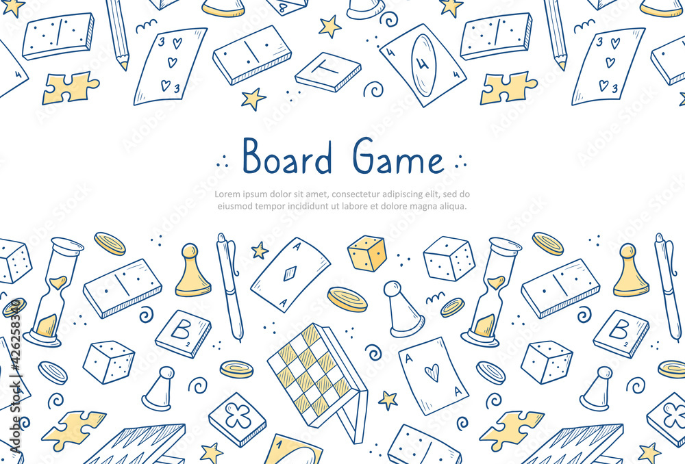 Hand drawn website banner template with of board game element. Doodle sketch style. Vector illustration for board game shop, store background, game competition banner, frame