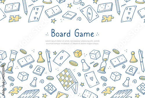 Hand drawn website banner template with of board game element. Doodle sketch style. Vector illustration for board game shop, store background, game competition banner, frame