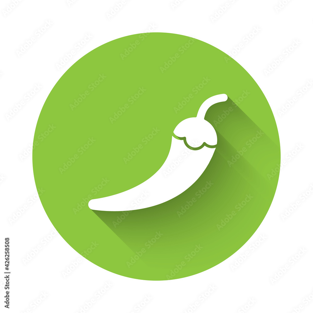 White Hot chili pepper pod icon isolated with long shadow. Design for grocery, culinary products, seasoning and spice package, cooking book. Green circle button. Vector