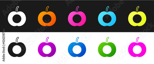Set Peach fruit or nectarine with leaf icon isolated on black and white background. Vector