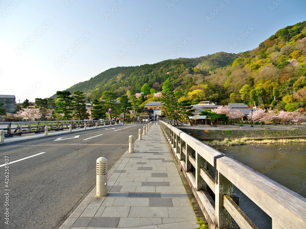 Kyoto,Japan-April 2, 2021: Togetsu-kyo Bridge over Katsura river at Arashiyama, Kyoto, in spring
