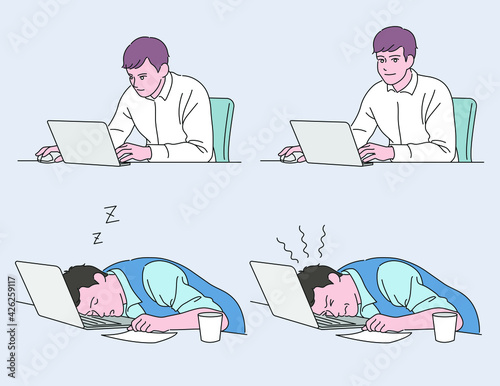 A businessman working at a desk looking at a laptop. hand drawn style vector design illustrations. 
