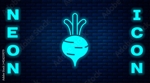 Glowing neon Fresh beet with leaf icon isolated on brick wall background. Natural Root. Vegetable Ingredient for food. Vector