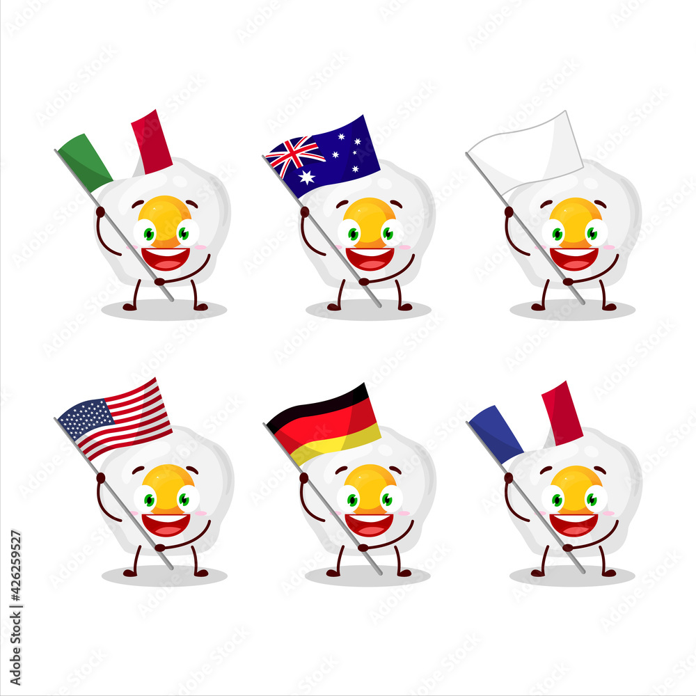 Fried egg cartoon character bring the flags of various countries Fried egg cartoon character bring the flags of various countries